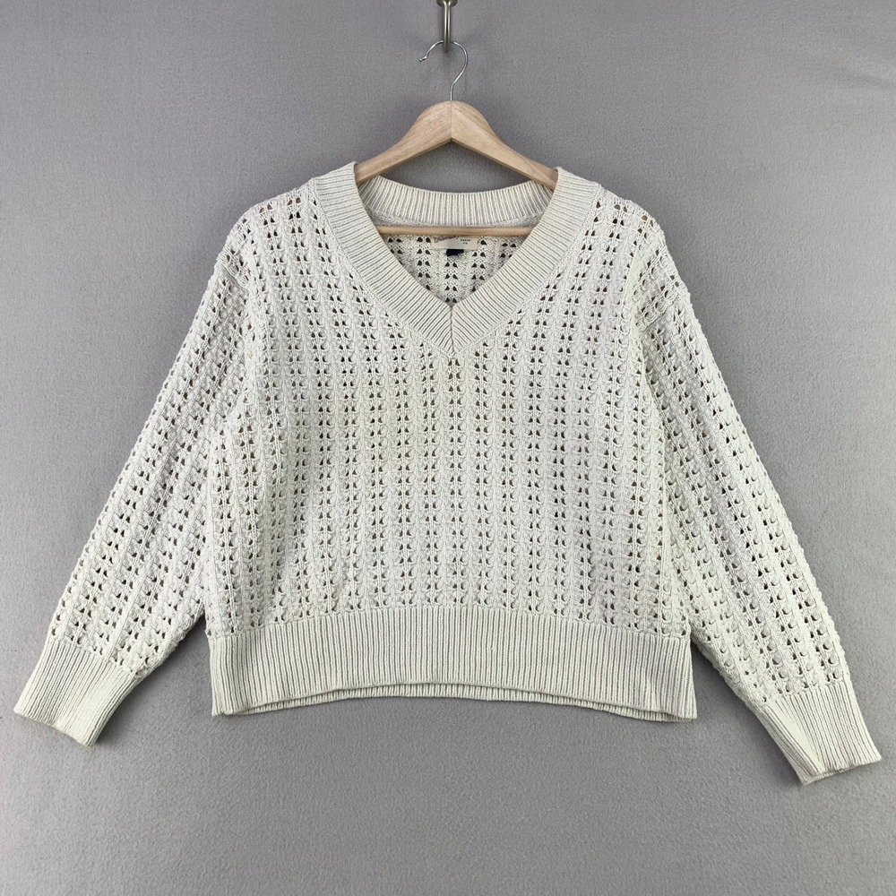 Universal Thread Open Knit V-Neck Sweater Women L Ivory Casual Crochet Nautical
